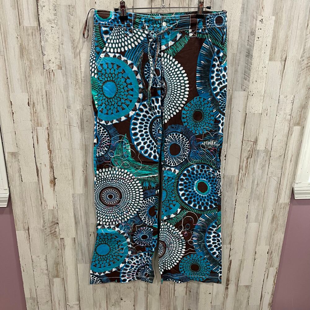 Retro Watcher Psychedelic 70s Cotton Low Rise Flare Pants Y2K Blue Festival‎ 34